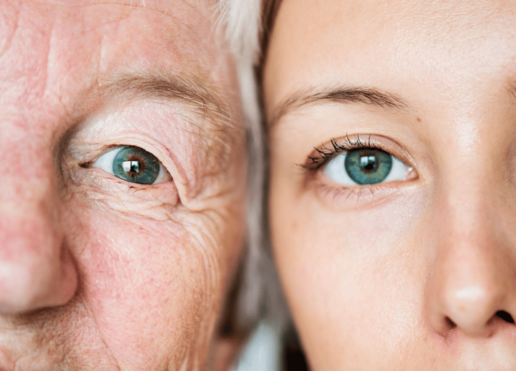 Isoisä ja tyttärentytär leikkaavat silmien väriä
